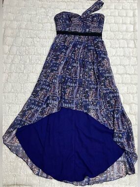 BCBGMAXAZRIA Inga One Shoulder Printed High-Low Gown Dress Blue Abstract Size 10